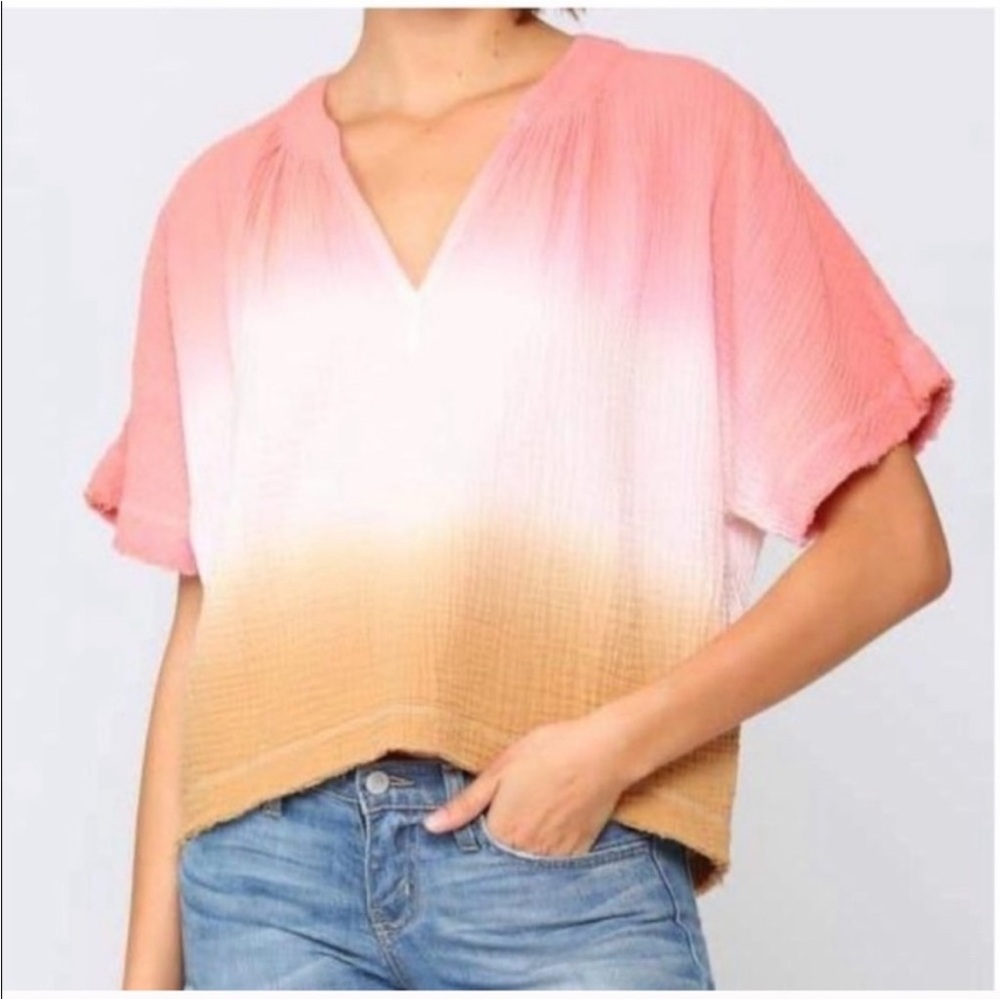 Young Fabulous & Broke Pink Tan Ombré Gauzy Oversized Boho V-Neck Blouse Sz S/M